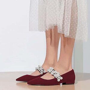 XYD Burgundy Pointed Toe Velvet Low Pearl Strap Beaded Mary Janes Stylish Shoe